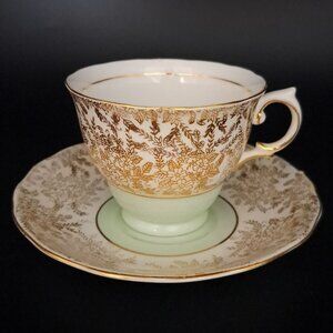 Colclough Bone China Tea Cup Saucer Gold Flowers Leaves Pale Green Band England